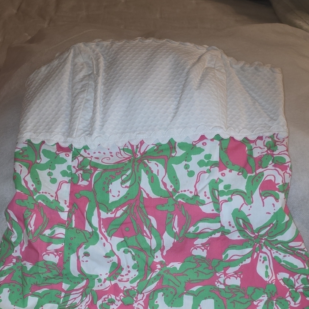 Lilly Pulitzer Cotton  White Strapless Dress with Pink & Green Floral Print 2 - Picture 11 of 16